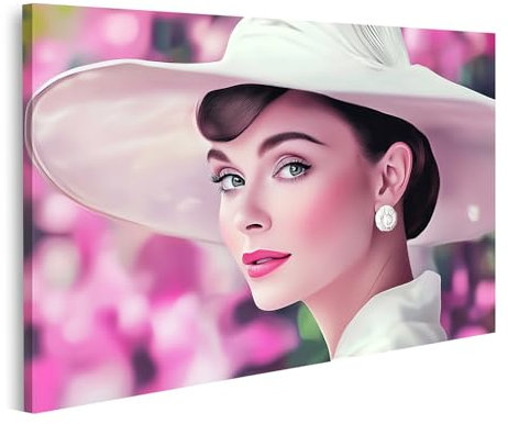 islandburner Bild auf Leinwand Audrey Hepburn Elegante Dame mit Hut und Blumenhintergrund Bilder Wandbilder Poster