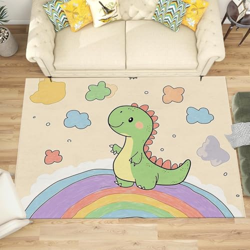NAWVNMI Waschbarer Teppich Krabbelmatte Babyzimmer Kinder rutschfest Flauschig Teppich Teppich Kinderzimmer Junge Mädchen Kinderteppich, Regenbogen - Dinosaurier, 120 x 180 cm