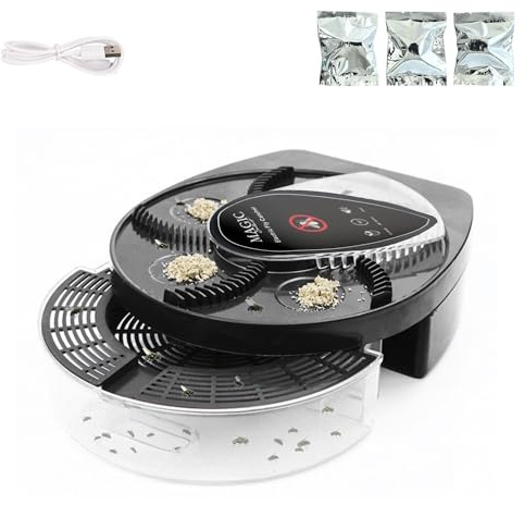 Attrape Mouches Électrique Rotatif à 360°, Piège à Mouches et Support Mural. Tueur de Moustiques Silencieux pour Maison, Cuisine, Restaurants, Batterie 72h (Rechargeable avec Câble USB Inclus)