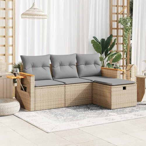 IKAYAA 4-TLG Polyrattan Lounge mit Stauraum Balkon Lounge Klein Gartenlounge Ecklounge Ecksofa Outdoor Loungemöbel Rattan Gartenmöbel Sitzlounge Balkon Gartensofa Balkonsofa Beige und Grau Type 26