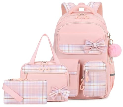 Amythe Mochila Escolar para Niñas de 3 Piezas con Lonchera y Estuche, Mochila Colegio para Chicas de Primaria y Secundaria, Mochilas Tipo Casual Adorable para Adolescentes, Rosa