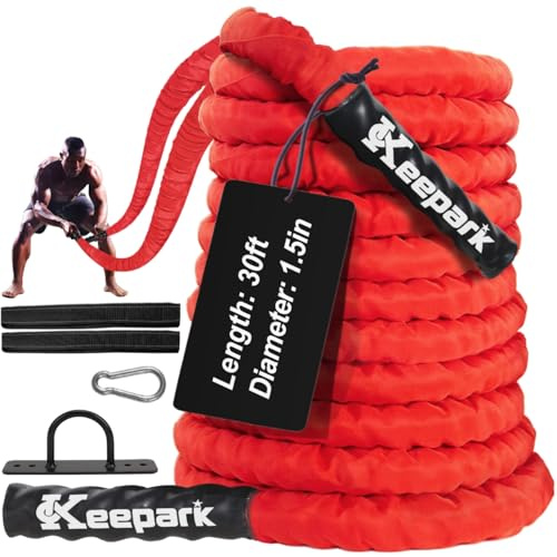 Kampfseile für Heim-Fitnessübungen – 3,8 cm Durchmesser, 9 m, rotes Kampfseil, Workout, Übung, Training, Seile mit Schutzhülle für Kinder, Männer, Frauen, Training, Fitness und Krafttraining