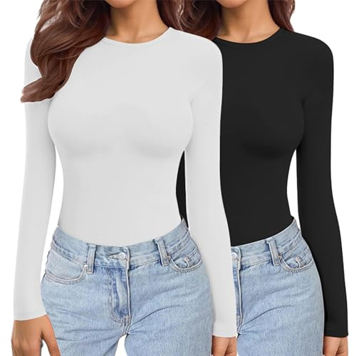 Ekouaer Womens 2 Pack Long Sleeve Tops Crew Neck Shirts Thermal Tops Stretch Fitted Underscrubs Layer Tee Black + White S