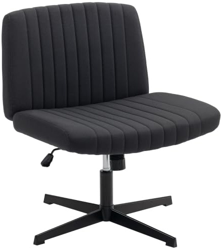 HOMCOM Armless Office Chair No Wheels Linen Fabric Wide Seat Black | Criss Cross Legged Desk Chair, Thick Padding, Rock Function, Height Adjustable, Swivel Seat for Home