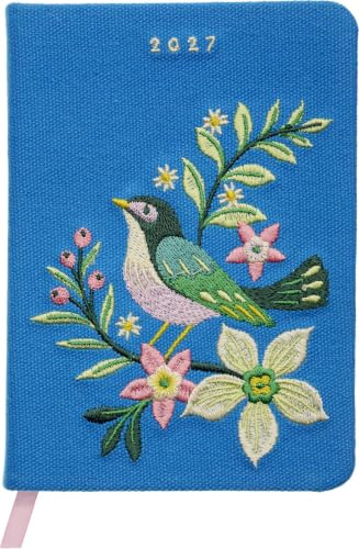 Taschenkalender A6 2027: Vogel und Blüten, bestickt, blau: Hochwertig bestickter Buchkalender, Wochenplaner, Terminplaner & Organizer. Mit Ferienterminen und Monatsübersichten