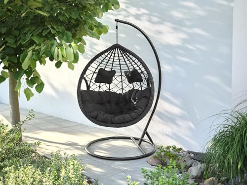 MAT-COMPANY Polyrattan Hängesessel Hängesitz Hängekorb mit Gestell Garten Terrasse inkl Kissen Outdoor schwarz
