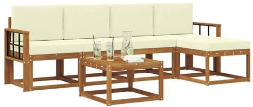 vidaXL Outdoor-Sofagarnitur 6 pcs Natur und Creme Massivholz Akazie, Gartenlounge-Set, Moderne Akazien-Couch, strapazierfähiges Outdoor-Sofa, stylische Terrassenmöbel