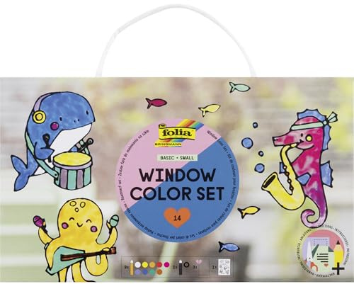 folia 41019 Window Colour Set Basic Small, 10 x 30 ml, Window Paint for Children, with 3 Painting Films and 1 Large Painting Template, Includes Instructions (English language not guaranteed), for