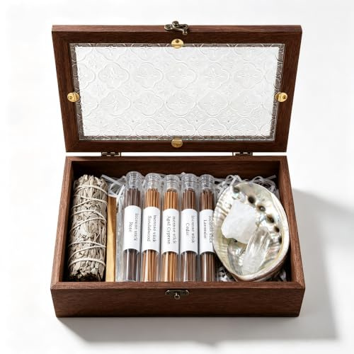 Crystal & Incense Cleansing Kit - 5 Scents Sandalwood Cedar Lavender Rose Aged Cypress, Clear Quartz, Incense Holder, Selenite, Palo Santo & Unpolished Abalone Shell for Meditation & Energy Clearing