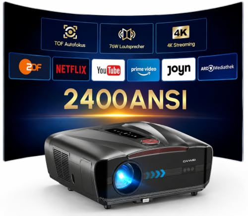 Tageslicht Beamer 4K Ultra HD Smart Heimkino, 2400ANSI, HDR10+, eARC,2 HDMI | Outdoor Projektor mit App, 4G+64G, 76W Dolby Audio, WLAN, Bluetooth, LAN, ARC 2.1, Autofokus, Zoom, WiFi 6 für Gaming, Decke