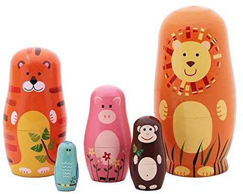 Veewon Nesting Dolls Handmade Wooden Cute Cartoon Animals Pattern Matryoshka Animal Doll Russian Dolls Kids Gifts Toy 6 - 5pcs