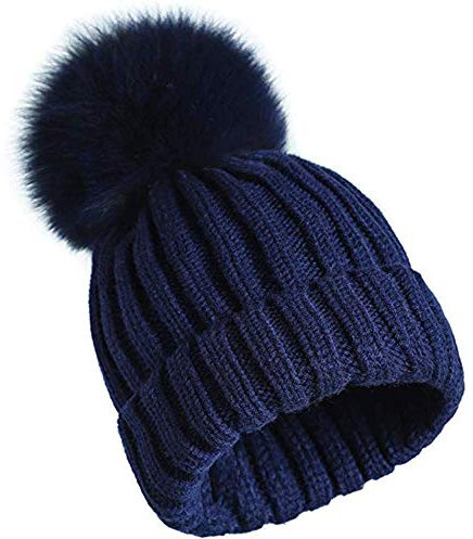 feifanshop Damen Echtfell Fuchspelz Fell Pelz Bommel Strick Mütze Winter-Mütze Bommelmütze (Navy blau)