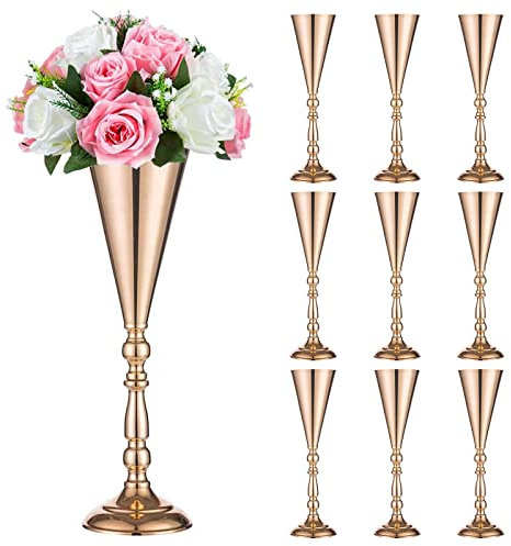 Sziqiqi Set of 10 Tall Metal Wedding Centerpieces for Reception Tables, Gold Flower Vase Stand, Base Decortion for Party, Events, Birthday, Celebration Ceremonies, Gold