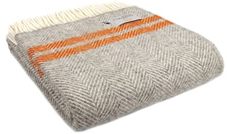 Tweedmill Textiles Fishbone Throw Sofa Bed Blanket -100% Pure New Wool - BRITISH MADE - SILVER GREY & 2 x PUMPKIN ORANGE STRIPES