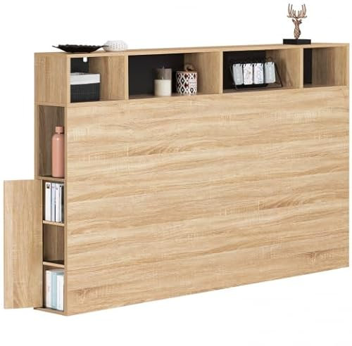 IDMarket - Tête de lit sur Pied Cleo 165 cm avec rangements fermés et niches façon hêtre et Noir