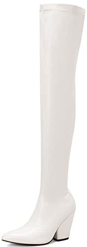 Smilice Donne Pizzo Dita Coscia Stivali Alti Lunghi sopra il ginocchio Stivali con Tacco Chunky, bianco, 43 EU