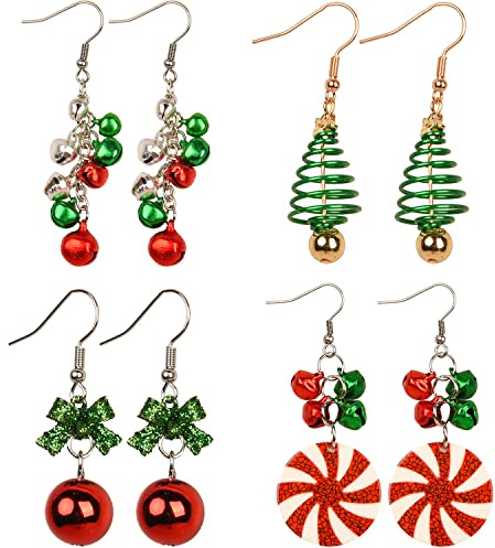 Lezevn 4 Pairs Christmas Earrings for Women Girls Christmas Tree Earrings Jingle Bell Earrings