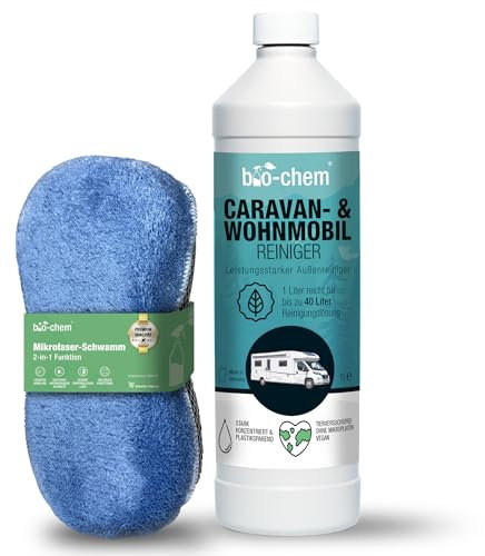 bio-chem Caravan- und Wohnmobil-Reiniger - Extra Starkes Konzentrat - 1000 ml inkl. 2-in-1 Mikrofaser-Waschhandschuh - Reiniger für Wohnmobile, Wohnwagen, Vorzelte, Regenstreifenentferner - Made in DE