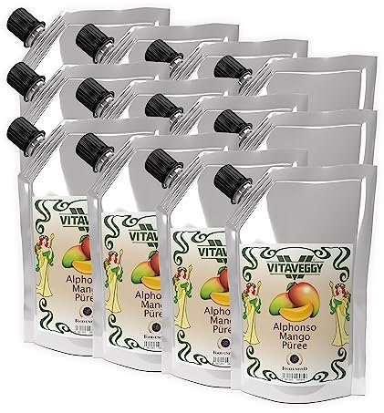 VITAVEGGY Frucht-Püree INDISCHE MANGO 12x 1kg von Food-United mango-fruit-puree für Mango-Maracuja-Saft-Smoothie Chutney Pickle Sorbet Cocktail ohne Aroma- Farb- & Konservierungsmittel (12)