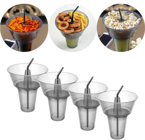 EYNEL Stack n' Sip Snack-Becher, 4 Stück, wiederverwendbare Kunststoff-Getränke- und Snackbecher mit Trinkhalmen, perfekt für einhändige Verwendung unterwegs (rund, 4 Stück)