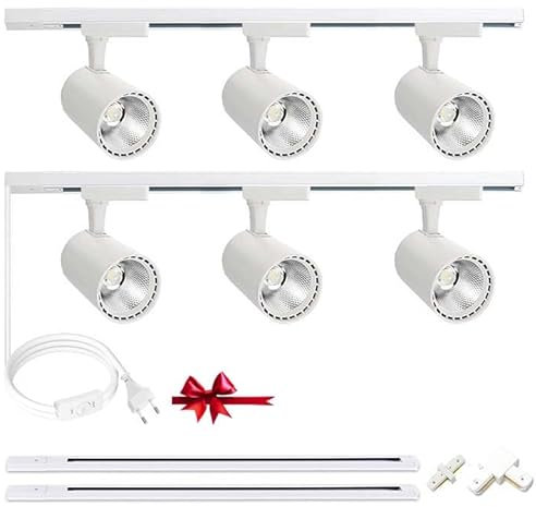 Bravsekai Schienenleuchte-Kit, 6 Stück LED H-Typ Schienenstrahler mit zusätzlichen 2m Schienenbeleuchtungsschienen, 30W 3000K Kaltweiß Schienensystem-Deckenleuchte für Innenräume