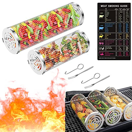 2PCS Rolling Grilling Basket, Stainless Steel BBQ Grill Basket Round Wire Mesh Cylinder BBQ Grill Basket, Outdoor Camping Cooking BBQ Accessories Barbecue Rack for Vegetables French Fries Fish (L+S)