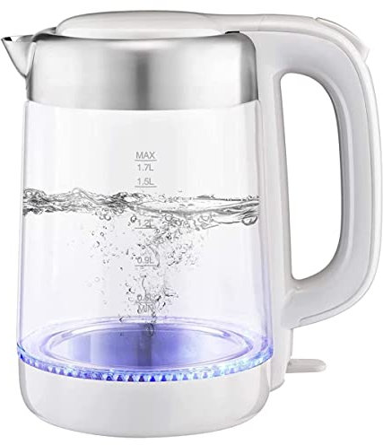 FairUo Kettles, Fast Boil Quiet,1.7L Cordless Glass Kettle with Stainless Steel Filter/Inner Lid/Bottom, Auto Shut-Off and Boil-Dry Protection, 360° Swivel Base, Bpa Free/White/15 * 15 * 25Cm