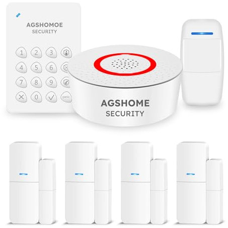 AGSHOME Sistema di Allarme Casa Senza Fili, 7-Kit Antifurto Con 1 Sirena, 4 Sensori Per Porte E Finestre, 1 sensore di movimento E 1 tastiera, Tramite App, Compatibile Con Alexa