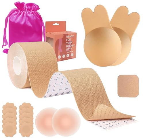 Klebe BH Push Up Kit - Wiederverwendbare & Waschbare Brüste Boob mit Ultradünne 5 Paar Brustaufkleber für A-G Cup Damen | Selbstklebende Nippelcovers Lift Tape