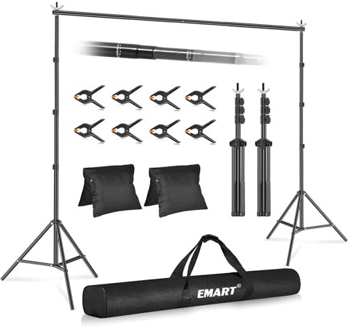 EMART Backdrop Stand 3x3m(WxH) Photo Studio Adjustable Background Support Kit with 2 Crossbars, 8 Spring Clamps, 2 Sandbags and Carrying Bag for Parties Events Decoration - Black