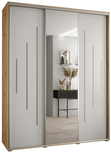 MEBLE KRYSPOL Davos 13 200 Schrank mit DREI Schiebetüren für Schlafzimmer - Moderner Kleiderschrank mit Spiegel, Kleiderstange und Regalen - 235,2x200x60 cm - Artisan Weiß Silber