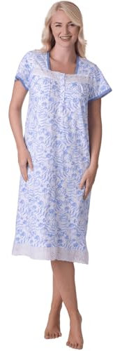 Camille Lightweight 100% Cotton Ladies Nightdress – Short Sleeve Floral Nighties for Women - Lace Accents, Square Neck & Button Fastening Summer Womens Nightwear Aqua 10-12