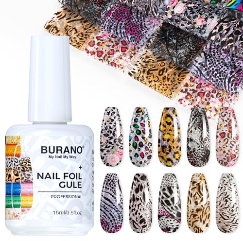 BURANO Transferfolie Nägel Nagelfolien, Nail Art Foil Kleber Folienkleber mit 10PCS Foliensticker,Transferfolie Nagelsticker 15ml 1 Flaschen Nail Art Klebetransfer (Leopard Foil 08)