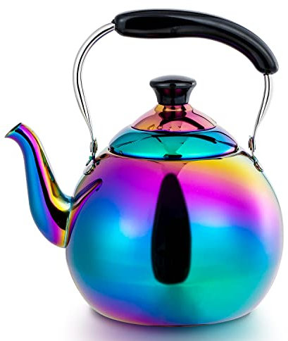Whistling Tea Kettle for Stovetop Induction Stainless Steel Tea pot Whistle Kettles Gas Stove Top Fast Boiling Water Modern Rainbow Iridescent Color Mirror Finish 2 Quart