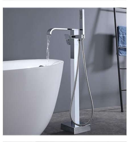 JSDQQG Cascade Robinet Baignoire Ilot avec Douchette,Laiton Autoportante Mitigeur Baignoire,Buses Rotatives Robinet Mitigeur Au Sol,Chrome