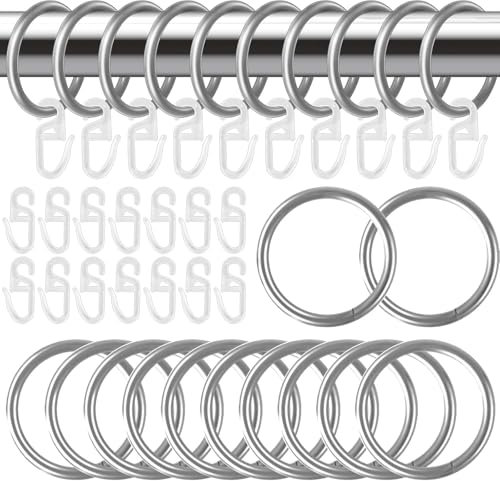 Hengxinchen 40 Stück Metall 30 mm Vorhangringe Vorhang Hängend Ringe mit 80 Stück Kunststoff Gardinenhaken Silbrig Gardinenhaken Transparent Kräuselband Haken für Vorhang Duschvorhang