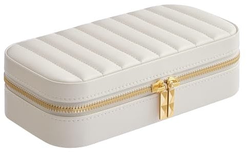 SONGMICS HOME ANAH Kollektion - Schmuckkästchen Reise, Schmuckbox klein, Schmuckaufbewahrung mit Spiegel, 10,5 x 20,5 x 6 cm, PU mit Nähten, Reißverschluss, Geschenkidee, wolkenweiß JBC180W01