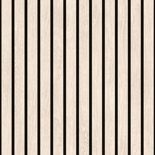 Muriva Ugepa Realistic Wooden Slats 3D Panelling Wood Panel Stripe Lines Textured Non Woven Vinyl Feature Wall 10m Wallpaper Roll Cream Black M80207