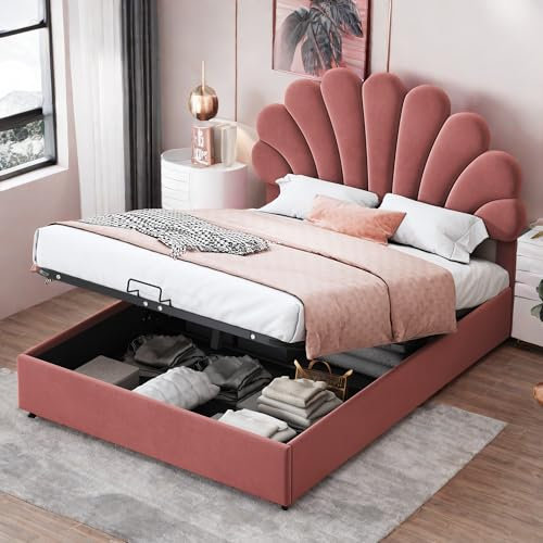 Bett mit Bettkasten, 140 x 200 cm mit Kopfteil, Blumenbett, 140 x 200 cm mit Lattenrost, Doppelbett mit Stauraum, Bettgestell, Doppelbett, Polsterbett, Erwachsenenbett, weicher Velours, Rosa