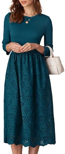 GRACE KARIN Women's Casual Dress 3/4 Sleeve Crew Neck Flowy Midi Dresses Embroidered A-Line Dress Eyelet Dress Tea-Length Dark Teal L