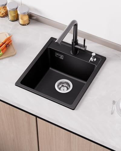 ANYCEE Fregadero Cocina Negro 40x46 cm, 80% Arena Cuarzo Fregadero Cocina 1 Seno Incl Sifón para Armarios Bajos a Partir 40 cm Ancho