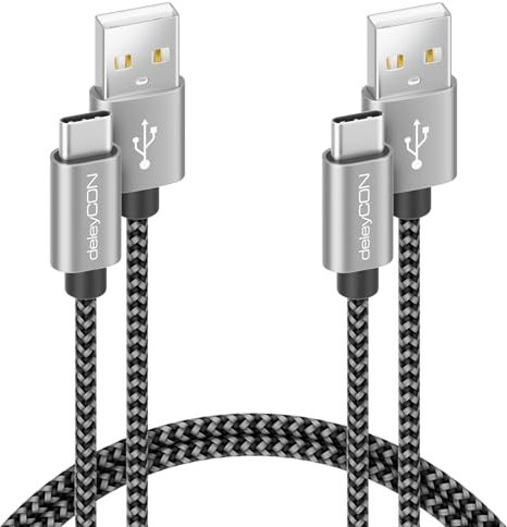 deleyCON SET di Cavi USB-C (2 Pezzi Ciascuno 1m) Nylon Cavo di Ricarica Cavo Dati USB Tipo C Spina in Metallo Ricarica e Sincronizzazione del Telefono Cellulare e Dello Smartphone