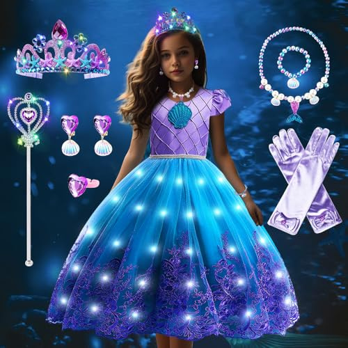 COYBTO Sirena Vestito Principessa Bambina, LED Luminoso Principessa Ragazza | Sirena Costume con Corona Collana Set, Luminoso Vestito per Bambini Halloween Carnevale Cosplay