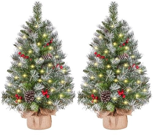 Yaheetech 2 Stück 98 cm Mini Künstlicher Weihnachtsbaum mit Schnee inkl. 50 Warmweiß LED & 70 Roten Beeren & 10 Tannenzapfen, Kleiner Christbaum Tisch Tannenbaum für Weihnachtsdeko