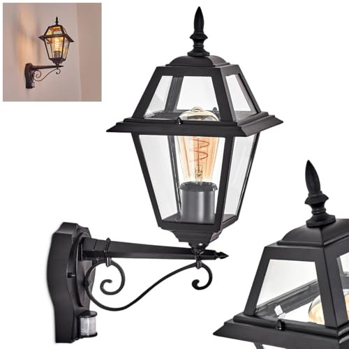 HOFSTEIN Außenwandleuchte Fornelos, Außenwandlampe mit Bewegungsmelder aus Metall/Glas in Schwarz/Klar, Wandleuchte außen im Vintage/Antik/Landhaus-Design, Garten, Außenbereich, Terrasse, E27, IP44