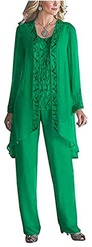 Women's 3 Pieces Chiffon Dress Mother of The Bride Pants Suits with Beaded Jacket Wedding Outfit Evening Gown Green UK14