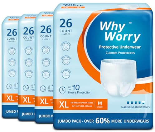 WhyWorry Inkontinenz Pants für Männer und Frauen, Inkontinenz Slip Damen und Herren, Windelhosen Erwachsene Einweg, Geruchsschutz, Unisex, Größe XL, 104 Stück (4 Packungen von 26)