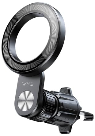 WYE MagCharge Air Vent Car Phone Mount, Magnetic Car Holder with Secure Steel Hook Clip & 17 N45 Magnets, Ring Plate Bracket Cradle for MagSafe iPhone, Android & PopSocket Cases - Black