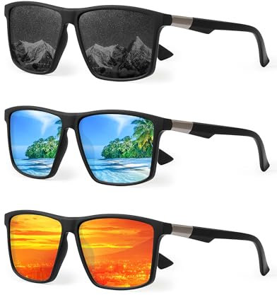 Jim Halo Polarised Sunglasses for Men Women Retro Square UV400 Mirror Lens for Driving Fishing Sun Glasses 3 Packs (Black&Blue&Orange)