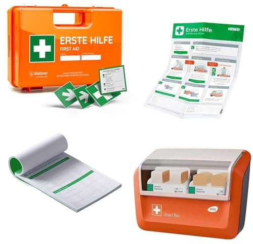 NEUE DIN 13157:2021 - Erste Hilfe Koffer inkl. Wandhalterung und Aufklebern - Verbandkasten - Kasten - Verbandskasten - Set - Betriebsverbandkasten - orange (Komplettpaket Premium)